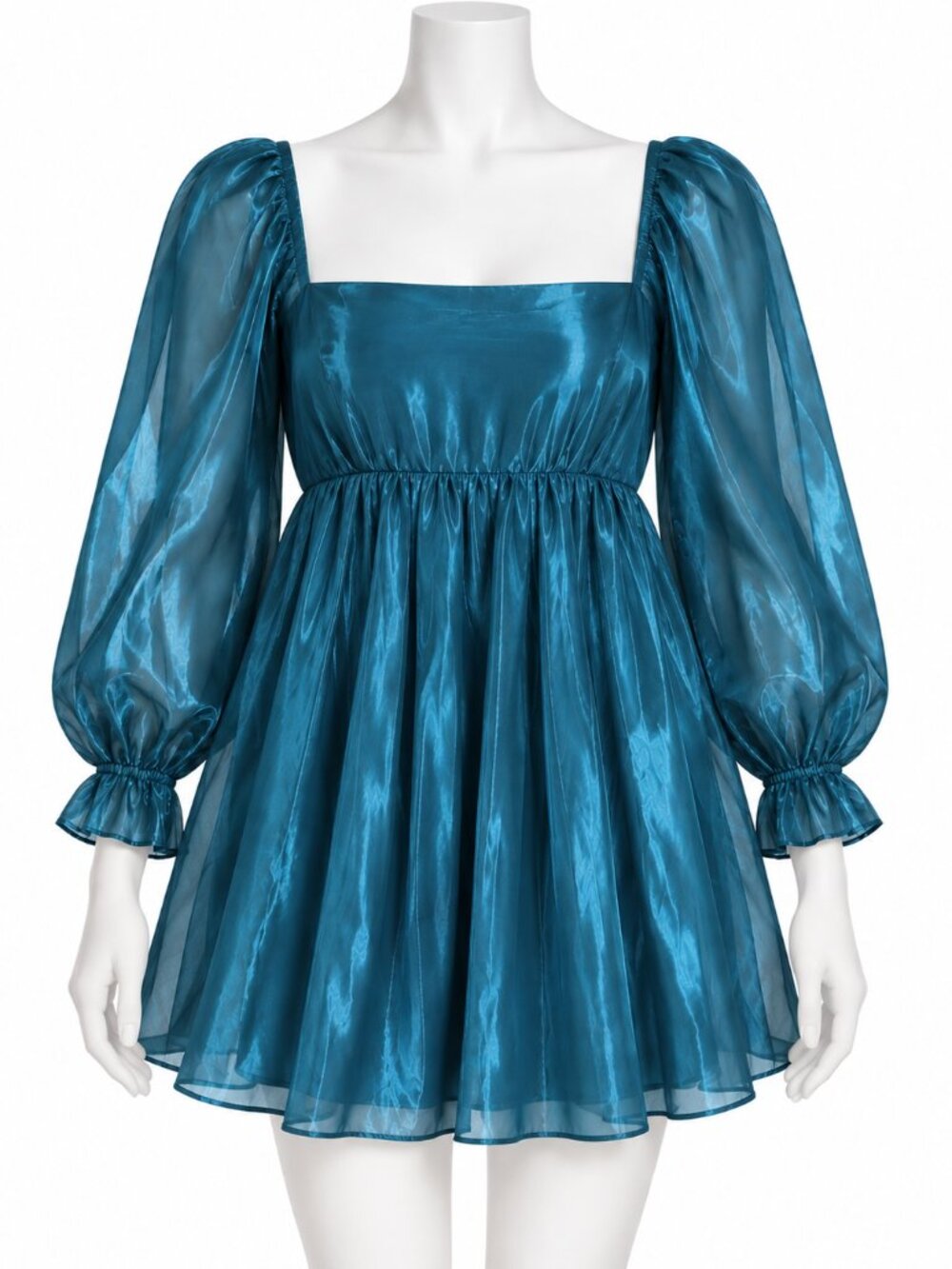 THIRTY/THIRTY LA Metallic Teal Puff Sleeve Babydoll Mini Dress | Large